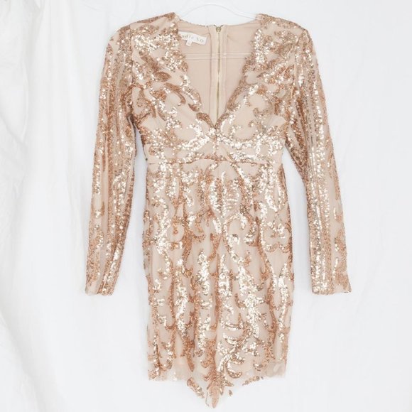 NWT Gold & Beige Metallic Sequin Long Sleeve V-Neck Mini w/ Asymmetrical Hem XS - Picture 5 of 6